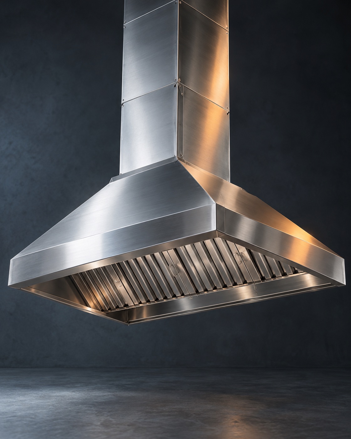 Illustrative stainless steel extraction canopy with baffle filters and a vertical duct